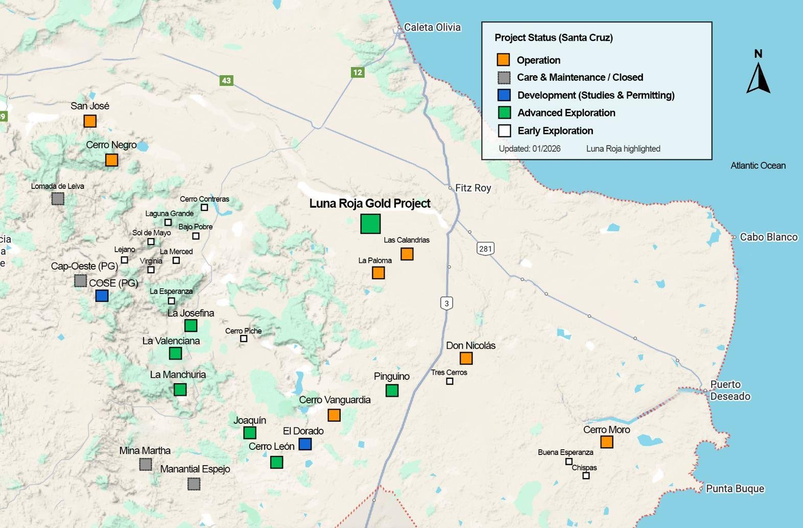 Map of Santa Cruz Province showing Luna Roja among operating mines and exploration projects in the Deseado Massif